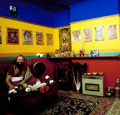 Ngak’chang Rinpoche in the bedroom of his flat in Roath